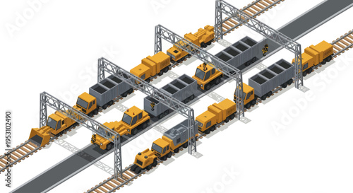 Isometric industrial factory conveyor belt with yellow trucks and gray containers.