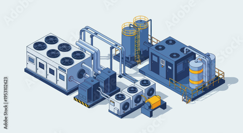 Isometric Industrial HVAC and Cooling Systems Illustration.