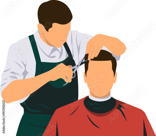 Professional Barber Cutting Hair Flat Illustration, Male Hairdresser Grooming Customer in Barbershop
