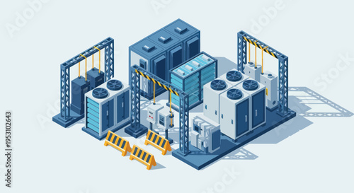 Isometric Industrial HVAC System and Server Racks Illustration.