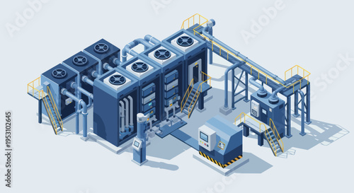 Isometric Industrial HVAC System with Cooling Towers and Ventilation Units.