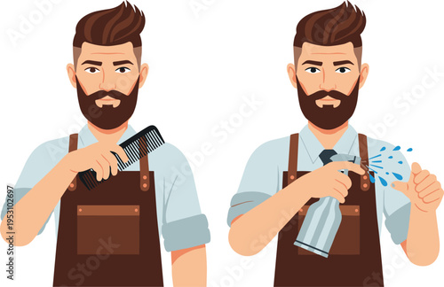 Professional Barber Character with Comb and Spray Bottle, Male Hairdresser Flat Vector Illustration