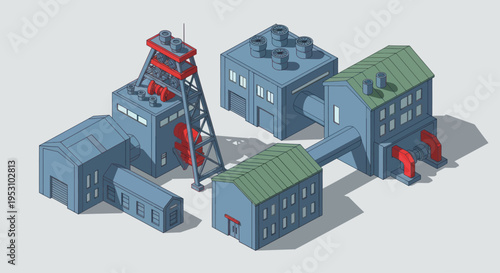 Isometric Industrial Mining Complex with Buildings and Structures.