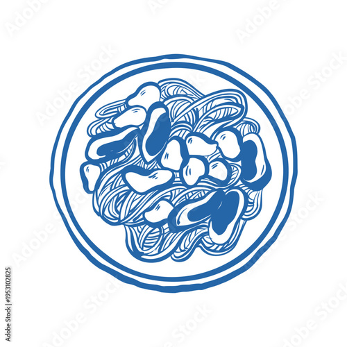 Pasta with mussels and oysters on a plate, top view, vector outline illustration. Italian pasta with seafood. Hand-drawn in a doodle style. Vector blue line art on a white background.