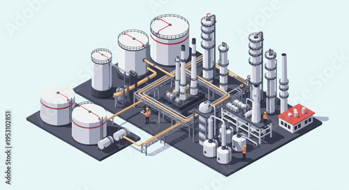 Isometric Industrial Oil Refinery Plant with Storage Tanks and Processing Units.