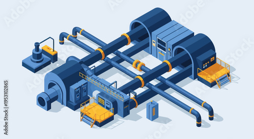 Isometric Industrial Pipeline System with Machinery and Connections.