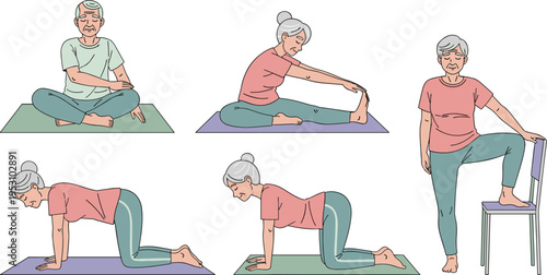 Senior Elderly People Doing Yoga Stretching and Physical Therapy Exercises in Flat Vector Style
