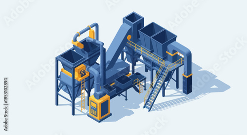Isometric Industrial Plant for Material Processing and Recycling.