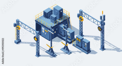 Isometric Industrial Power Station with Cranes and Infrastructure.