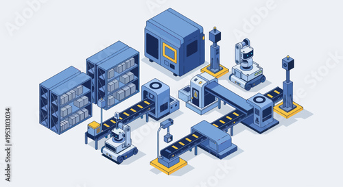 Isometric Industrial Production Line with Automated Machinery and Conveyor Belts.