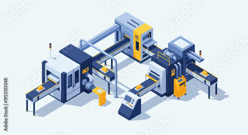 Isometric Industrial Production Line with Automated Machinery and Conveyor Belts.