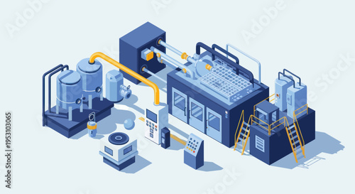 Isometric Industrial Production Line with Automated Machinery and Processing Units.