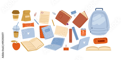 Contents of pupil or student bag, books, notebooks, laptop, snack, drinks. Illustration for school day preparation, supplies.