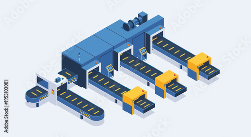 Isometric Industrial Production Line with Conveyor Belts and Machinery.
