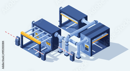 Isometric Industrial Production Line with Conveyor Belts and Machinery.