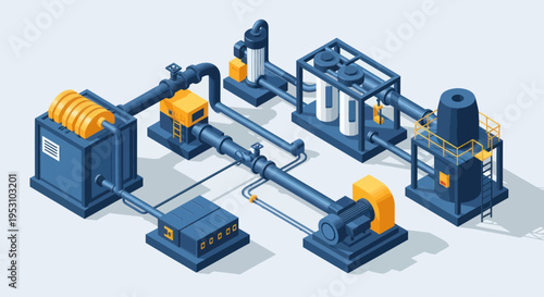 Isometric Industrial Water Treatment and Filtration System.