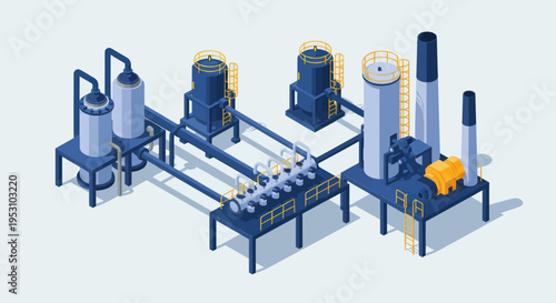 Isometric Industrial Water Treatment Plant with Filtration and Purification System.
