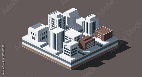 Isometric Low Poly Cityscape with Modern Buildings and Urban Structures.
