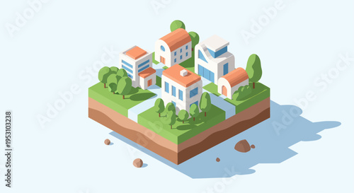 Photos Isometric Miniature Cityscape with Modern Buildings and Greenery.