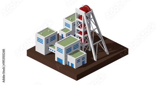 Isometric mining facility with industrial buildings and a tall tower.