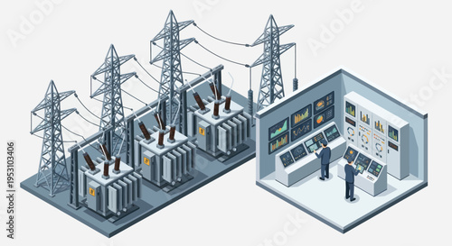 Isometric Power Substation and Control Room with Engineers.