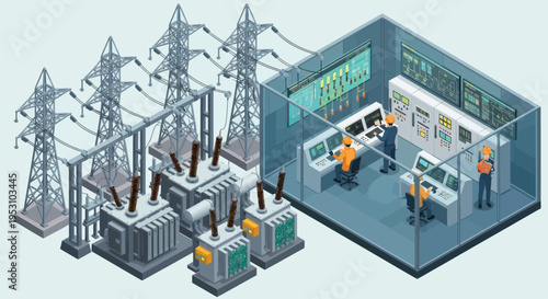 Isometric Power Substation and Control Room with Engineers.