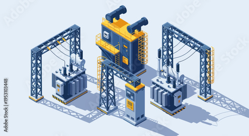 Isometric Power Substation with Transformers and Electrical Equipment.
