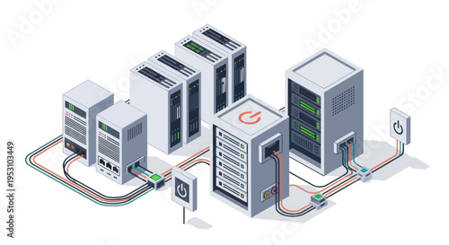 Isometric Server Room with Network Infrastructure and Data Storage.