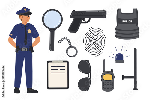 Police officer and his inventory. Man in summer blue police uniform and items for his work. Vector illustration in flat style.