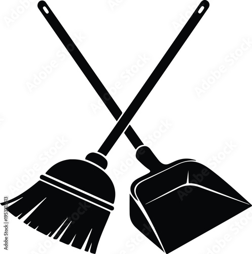 Silhouette of a crossed cleaning broom and plastic dustpan tool vector illustration