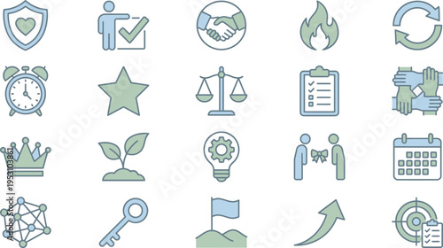 A diverse collection of minimalist business and conceptual line art icons in blue and green.