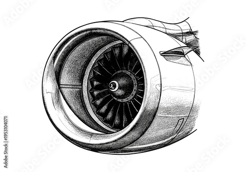 Detailed sketch of a modern jet engine turbine and nacelle, emphasizing mechanical detail and airflow