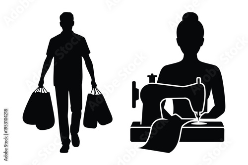 Man shopping and woman sewing illustration