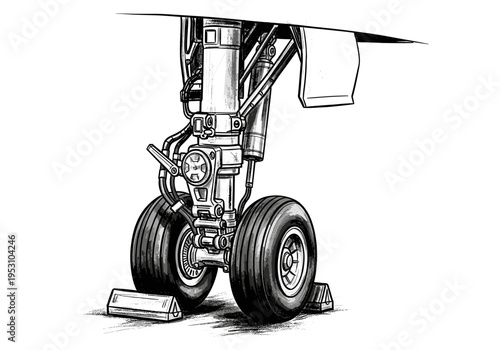 Detailed illustration of an airplane's front landing gear with chocks