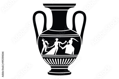 Ancient greek amphora with dancing figures silhouette