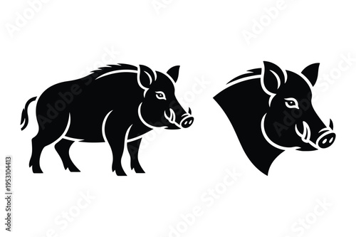 Wild boar silhouette graphic and head icon with black and white