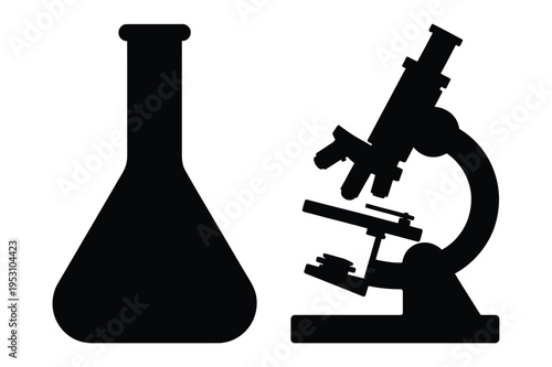 Laboratory flask and microscope silhouette with black and white