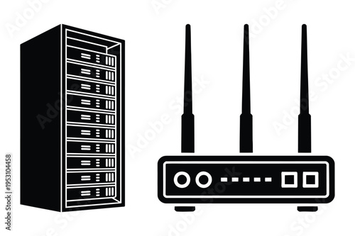 Server rack and router silhouette icons with black and white