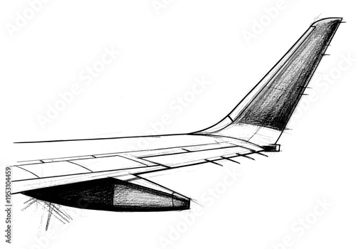 Detailed sketch of an airplane wing and tail fin, emphasizing aerodynamic design elements