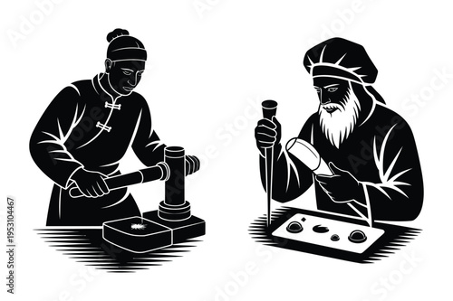 Traditional craftsmen working silhouette art with black and white
