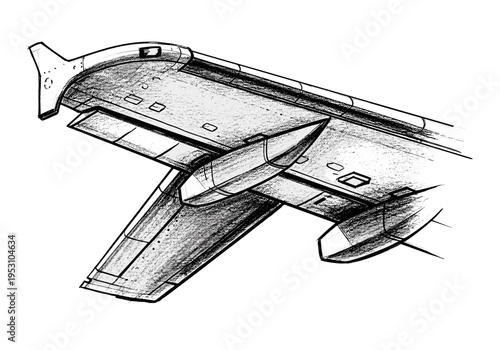 Detailed sketch of an airplane wing section showing aerodynamic design and mechanical components