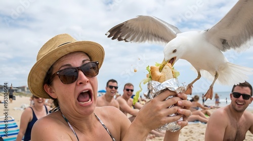 A startled woman screams as a large seagull aggressively snatches her sandwich at a crowded sunny beach.