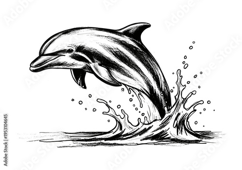 Dynamic black and white sketch of a dolphin leaping out of splashing water