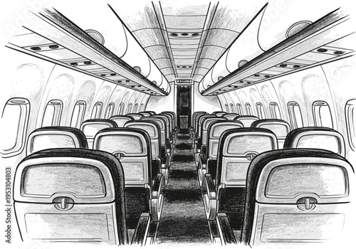 Interior view of an empty airplane cabin with rows of seats and overhead compartments