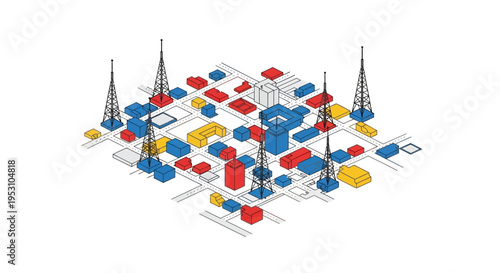 Isometric Smart City Map with Telecommunication Towers and Colorful Buildings, 5G Network Connectivity and Urban Infrastructure Concept