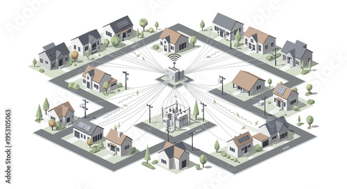 Smart Grid Concept Isometric Illustration showing Solar Energy Distribution in a Sustainable Suburban Neighborhood with Renewable Energy Management and IoT Technology