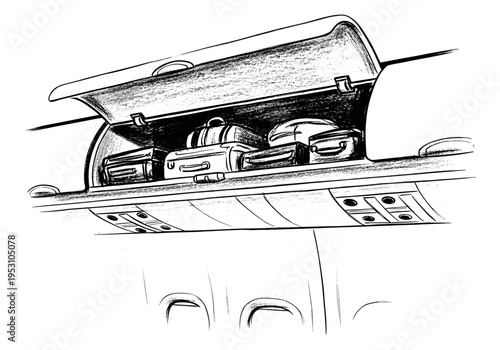 Sketch of luggage stored in an airplane overhead compartment, ready for flight