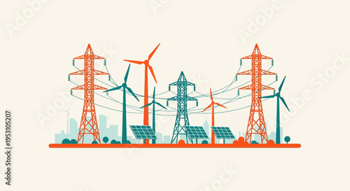 Renewable Energy Infrastructure Concept Illustration with Wind Turbines Solar Panels and Power Towers
