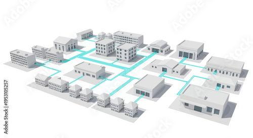 Isometric 3D Model of a Smart City Layout with Blue Fiber Optic Data Network Connections on a White Background