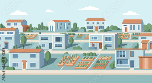 Modern Sustainable Suburban Neighborhood with Integrated Community Vegetable Gardens and Eco-Friendly Urban Farming Concept